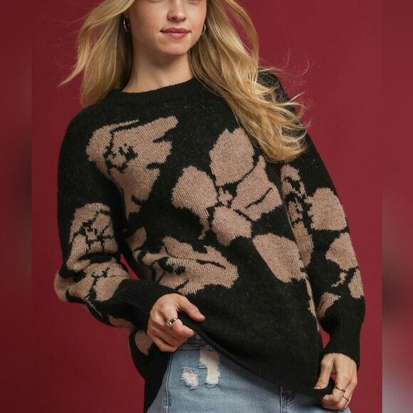 Umgee Floral Long Sleeve Sweater Floral Pattern Sweater Black/ Taupe Sz S M L - Picture 1 of 6